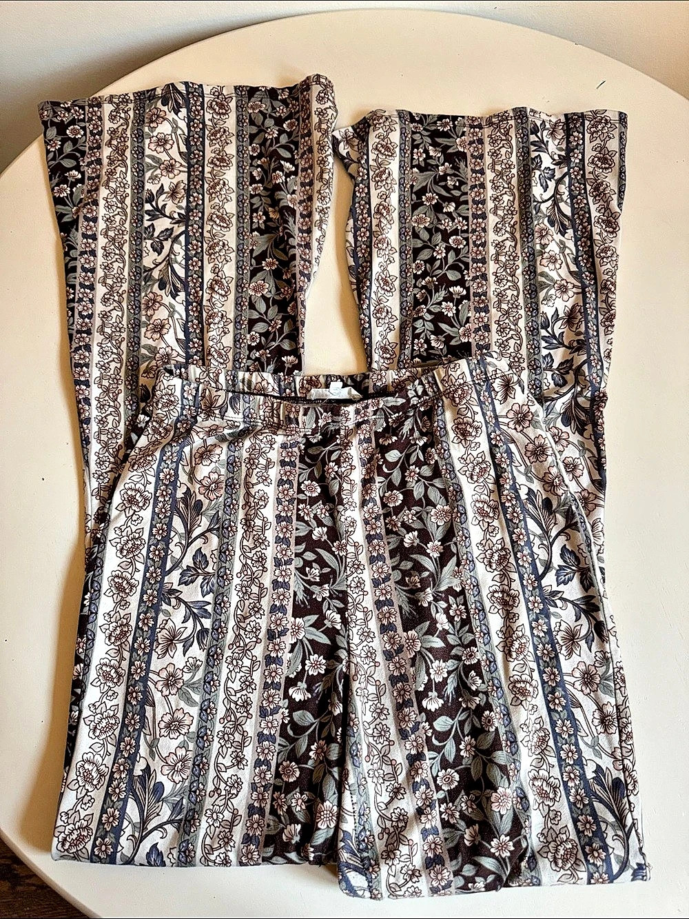 Bear Dance Floral Boho Bell Bottoms in Brown & Blue Size Medium